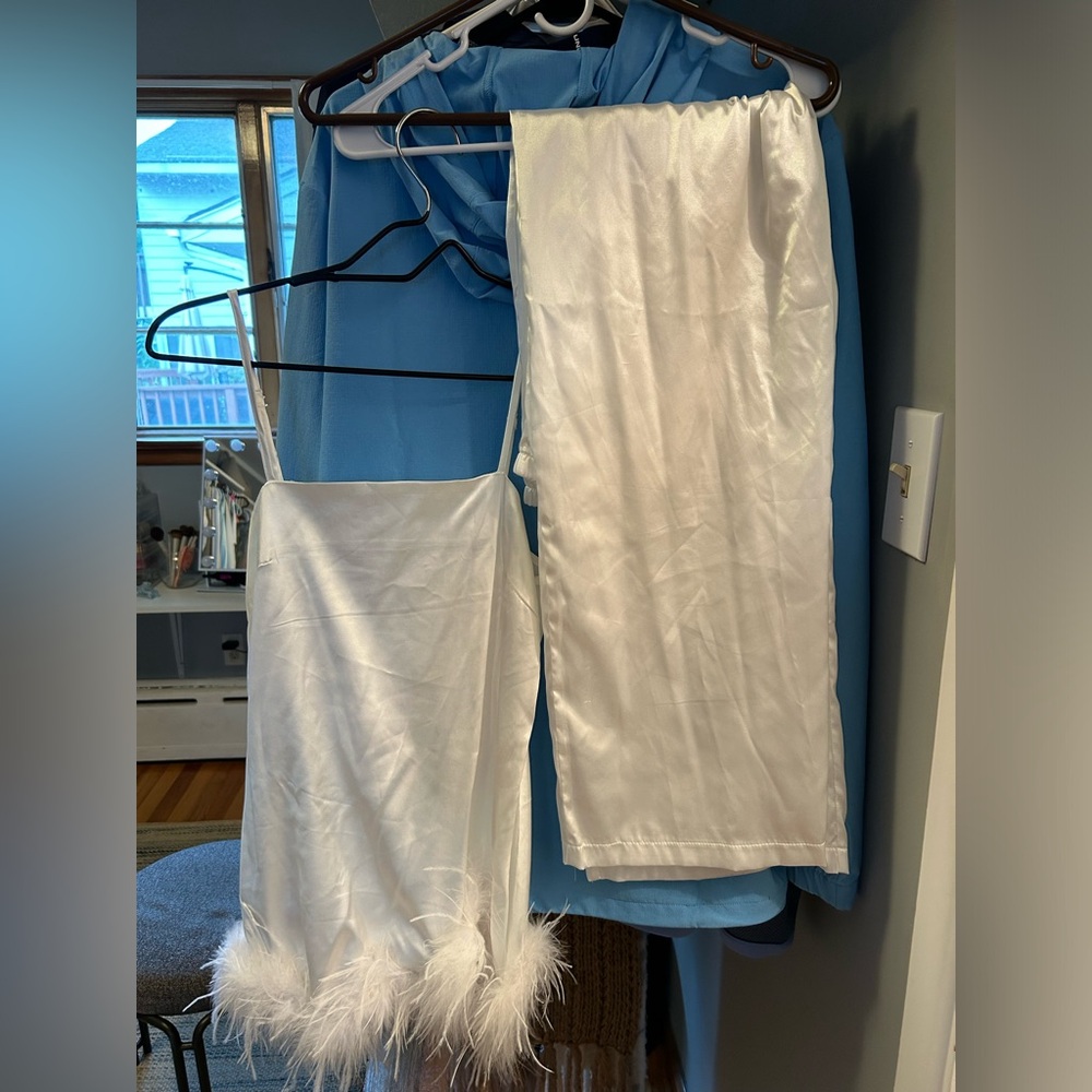 White bridal silk feather pajama set